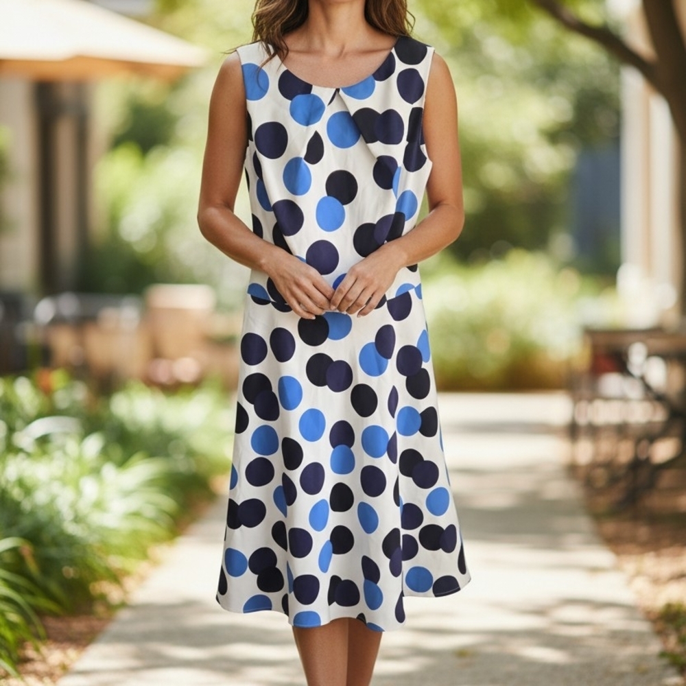 Signature Navy and Light Blue Polka Dot Sleeveless Midi Dress